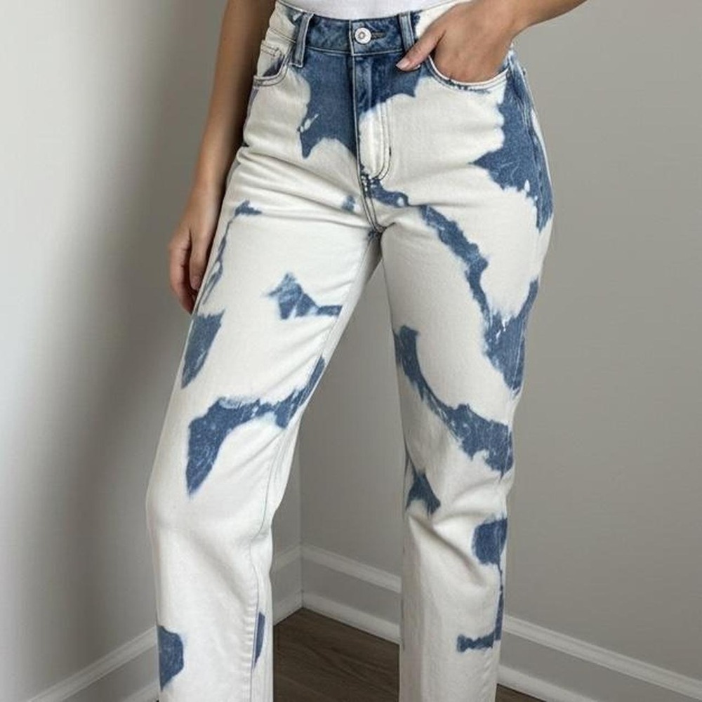 High-waisted, straight-leg, tie-dye blue and white jeans